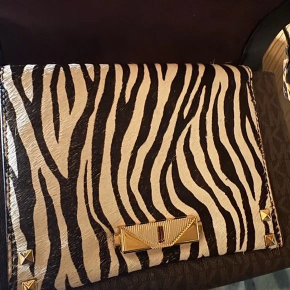 Michael Kors Cece Black Leather Crossbody Red Studded Strap and Zebra Accent - Picture 9 of 9